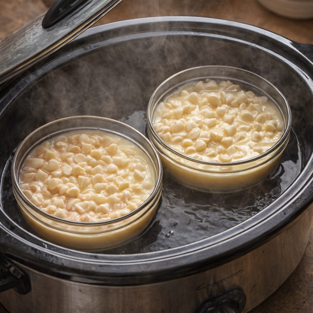 Slow cooker with two bowls of fudge mixture set inside