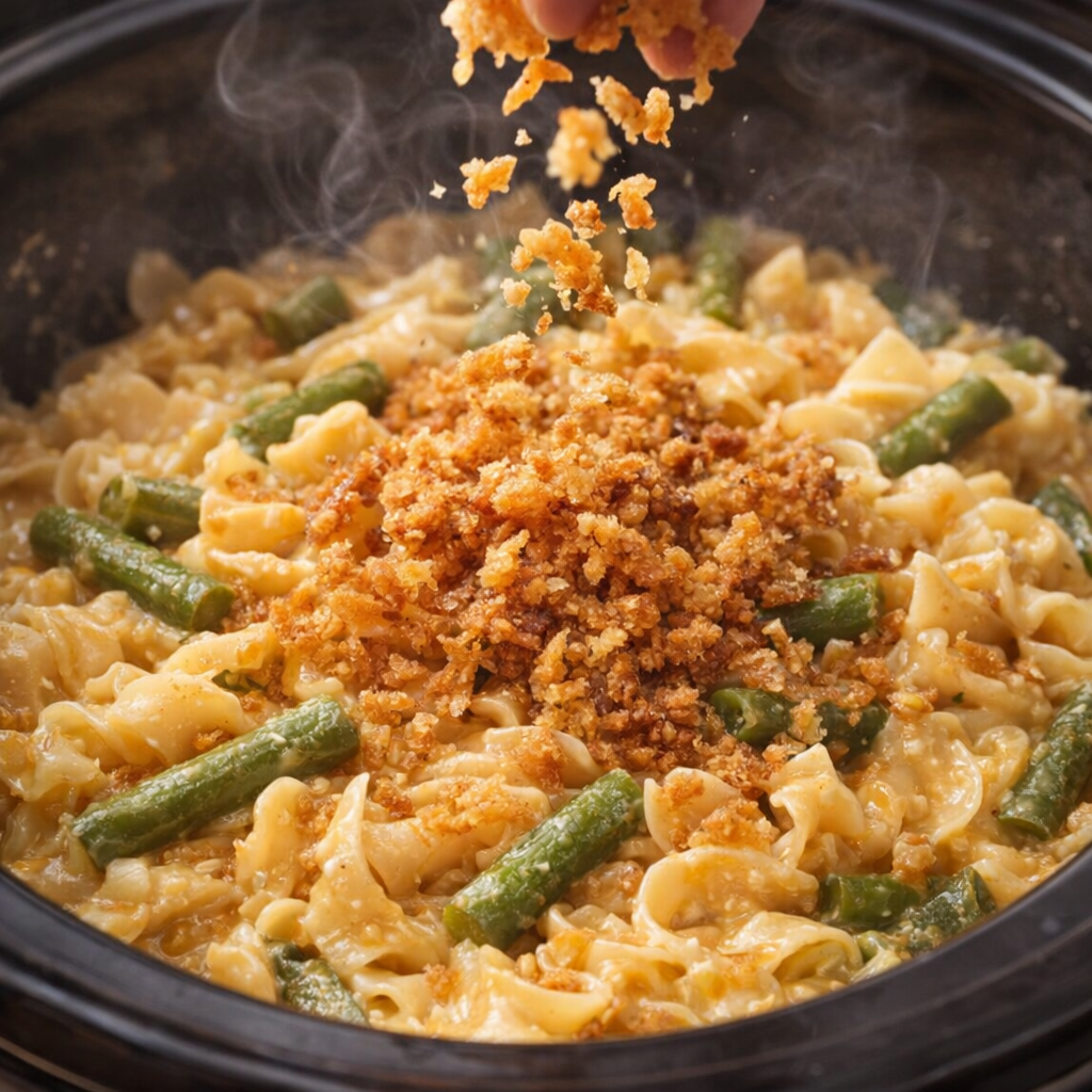 Crispy fried onions scattered over the finished casserole