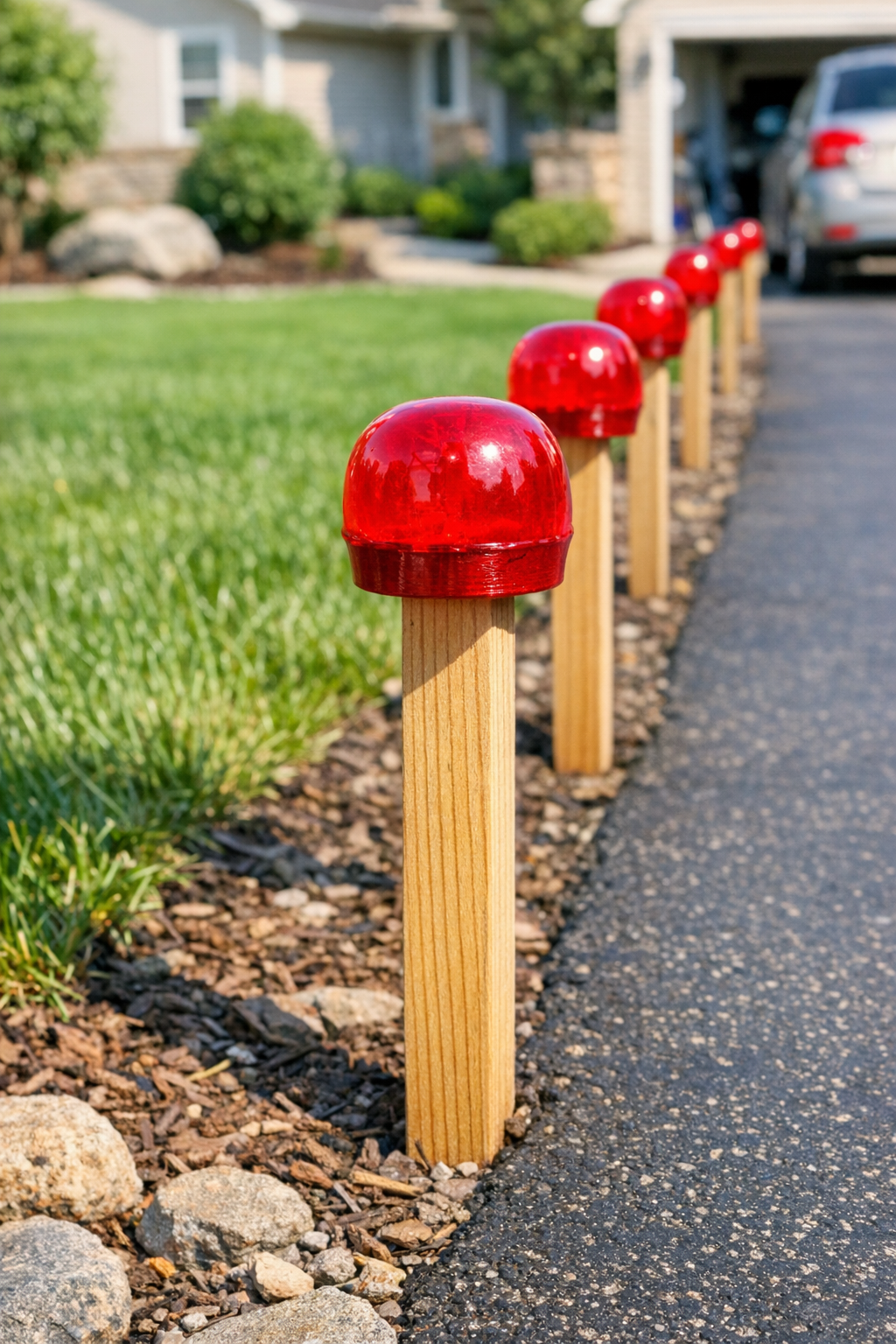 Finished homemade red driveway reflectors mounted on wooden stakes along a driveway