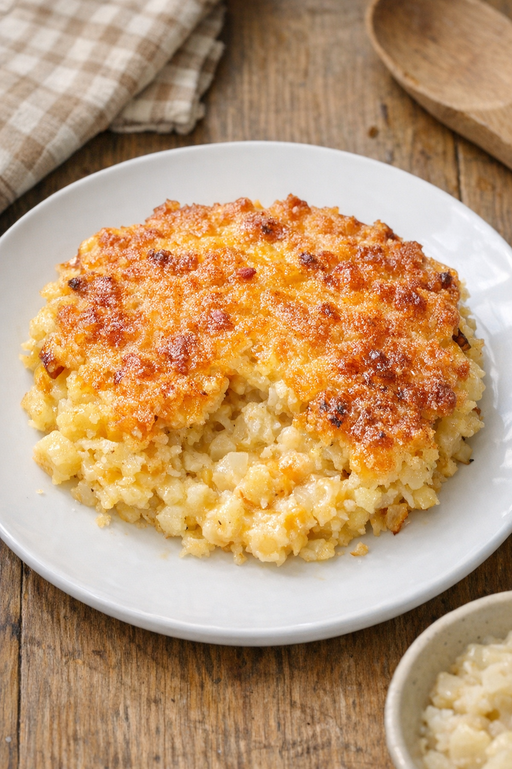 Finished plated cheesy hash brown casserole