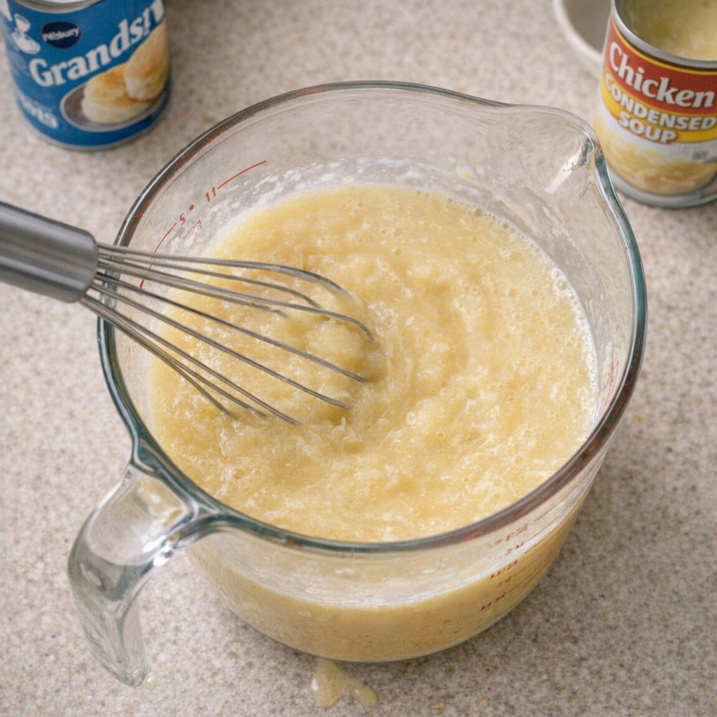 Chicken broth and soup mixture being whisked in a measuring cup