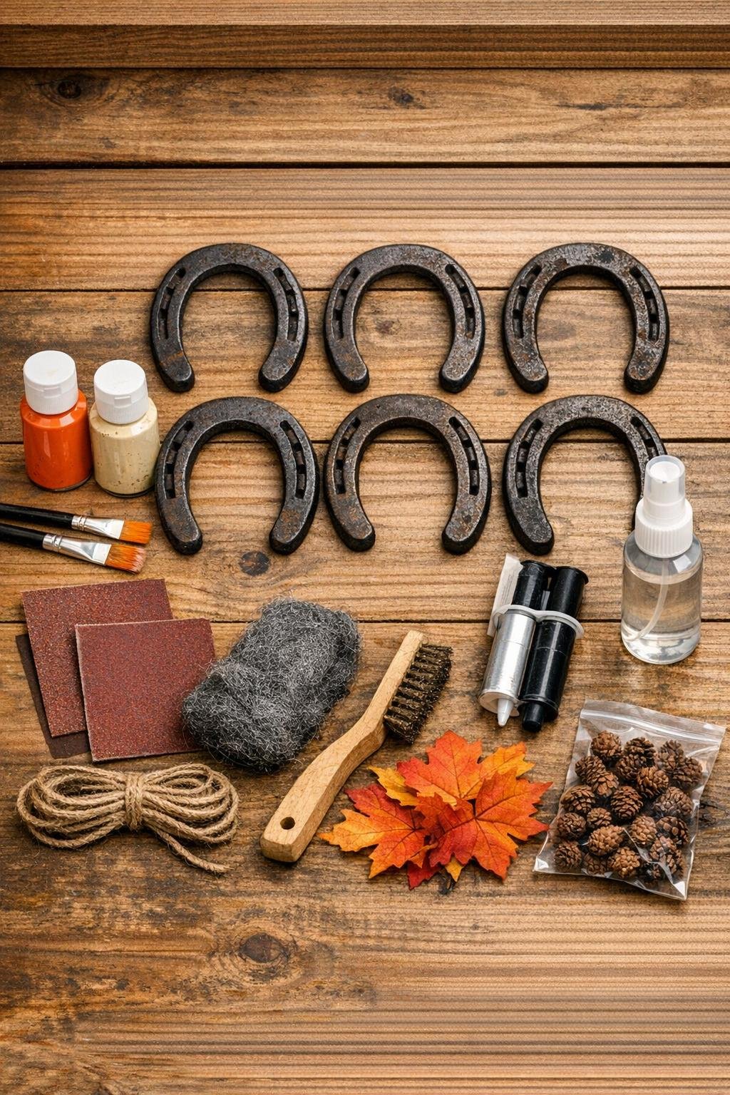 Materials for making autumn bookends from old horseshoes