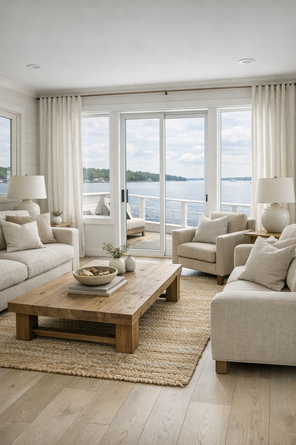 Bright coastal living room with pale oak floors, soft neutral seating, and large water-facing windows