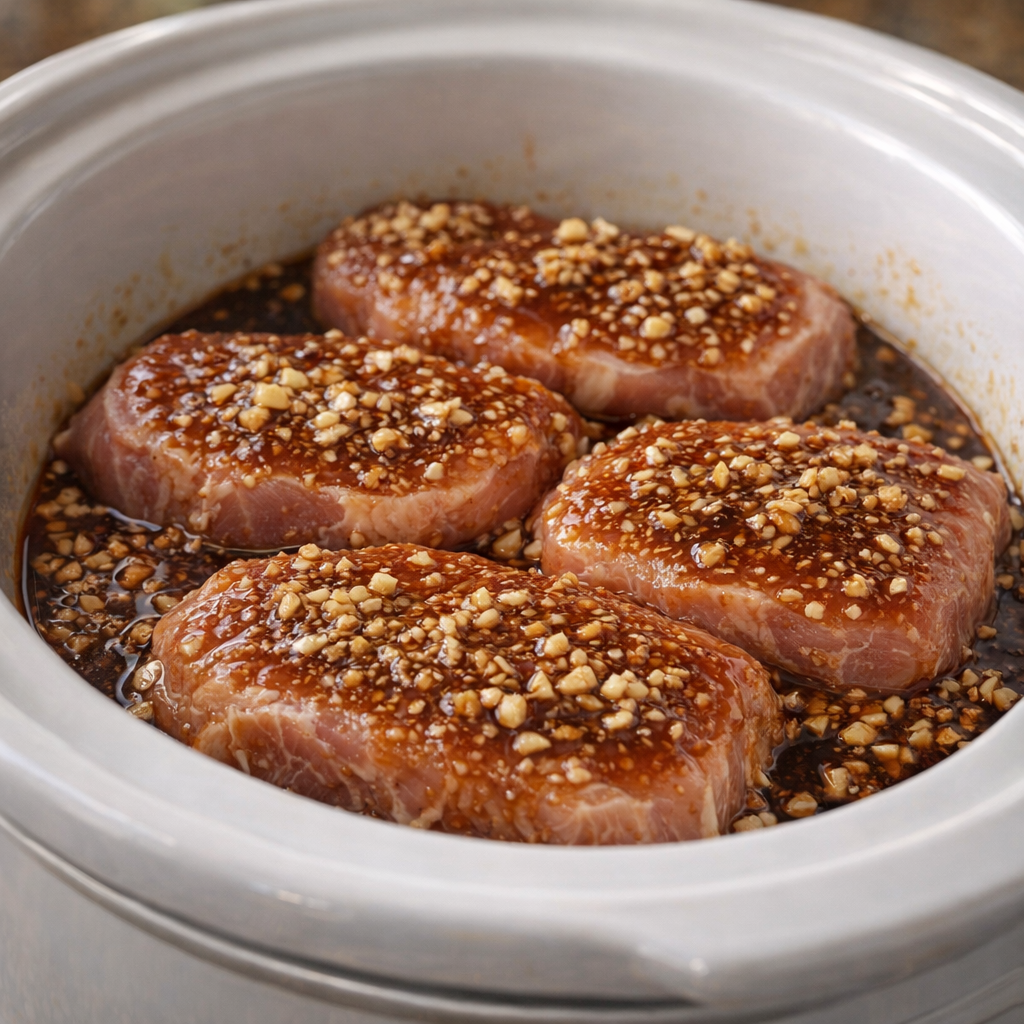Pork chops in a slow cooker coated with honey garlic sauce