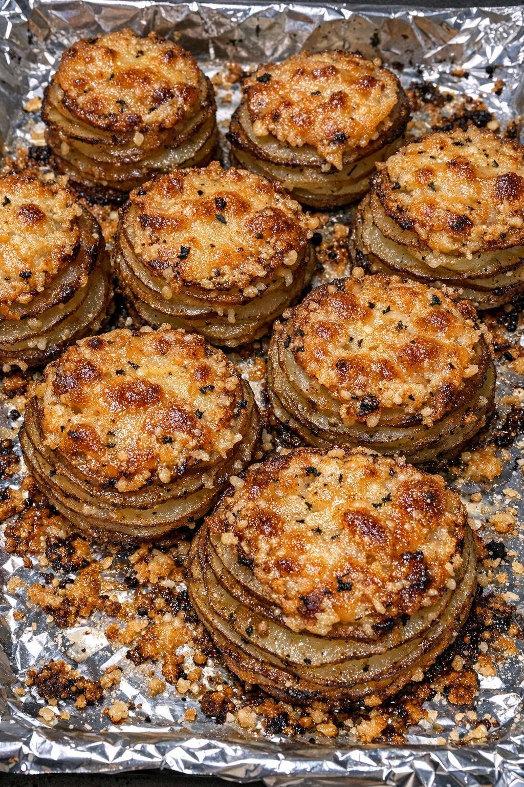 Crispy parmesan potato stacks on a foil-lined baking sheet
