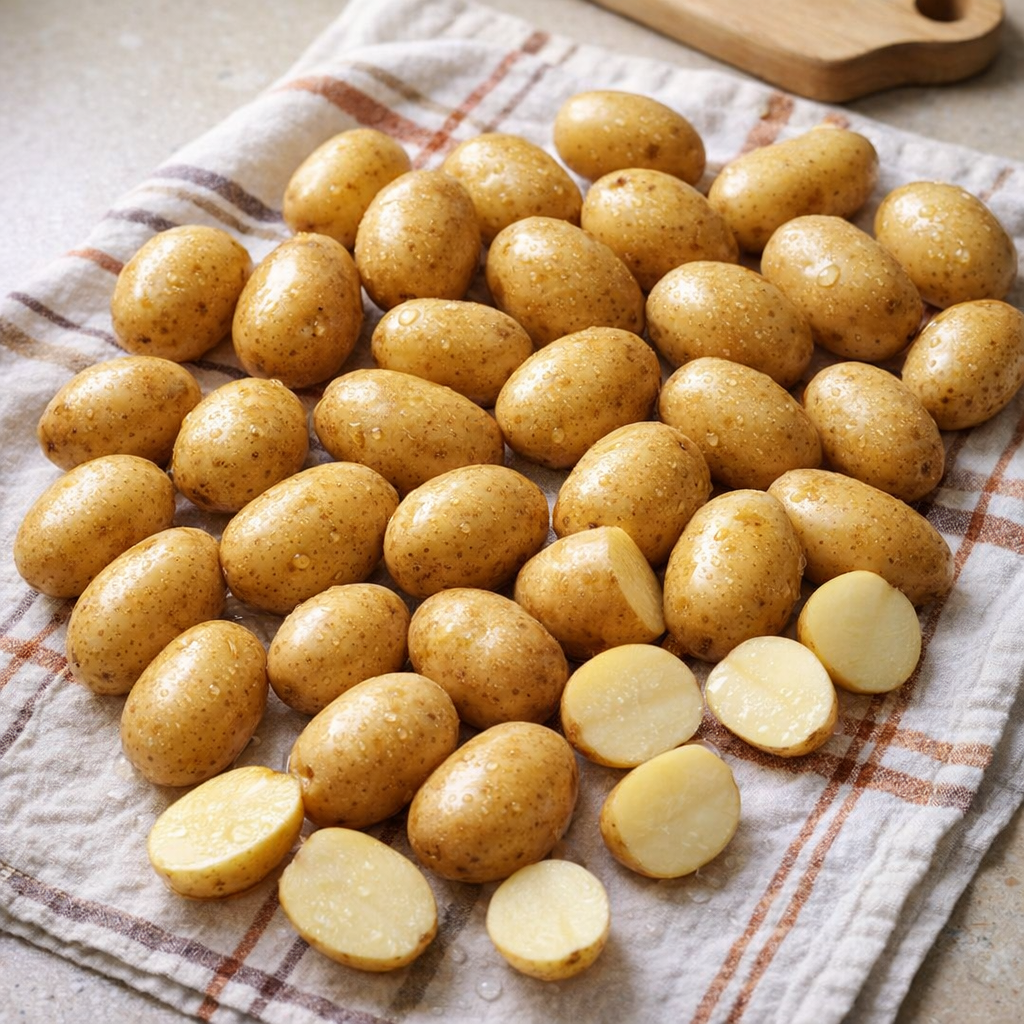 Baby potatoes drying on a kitchen towel