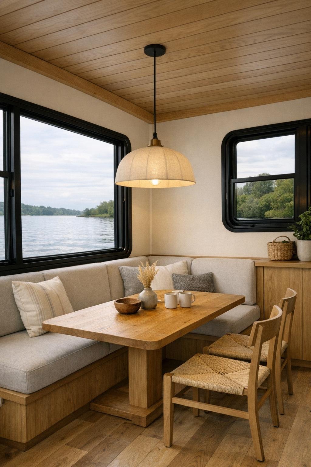 Built-in dining nook in a pontoon houseboat with wood table and banquette seating