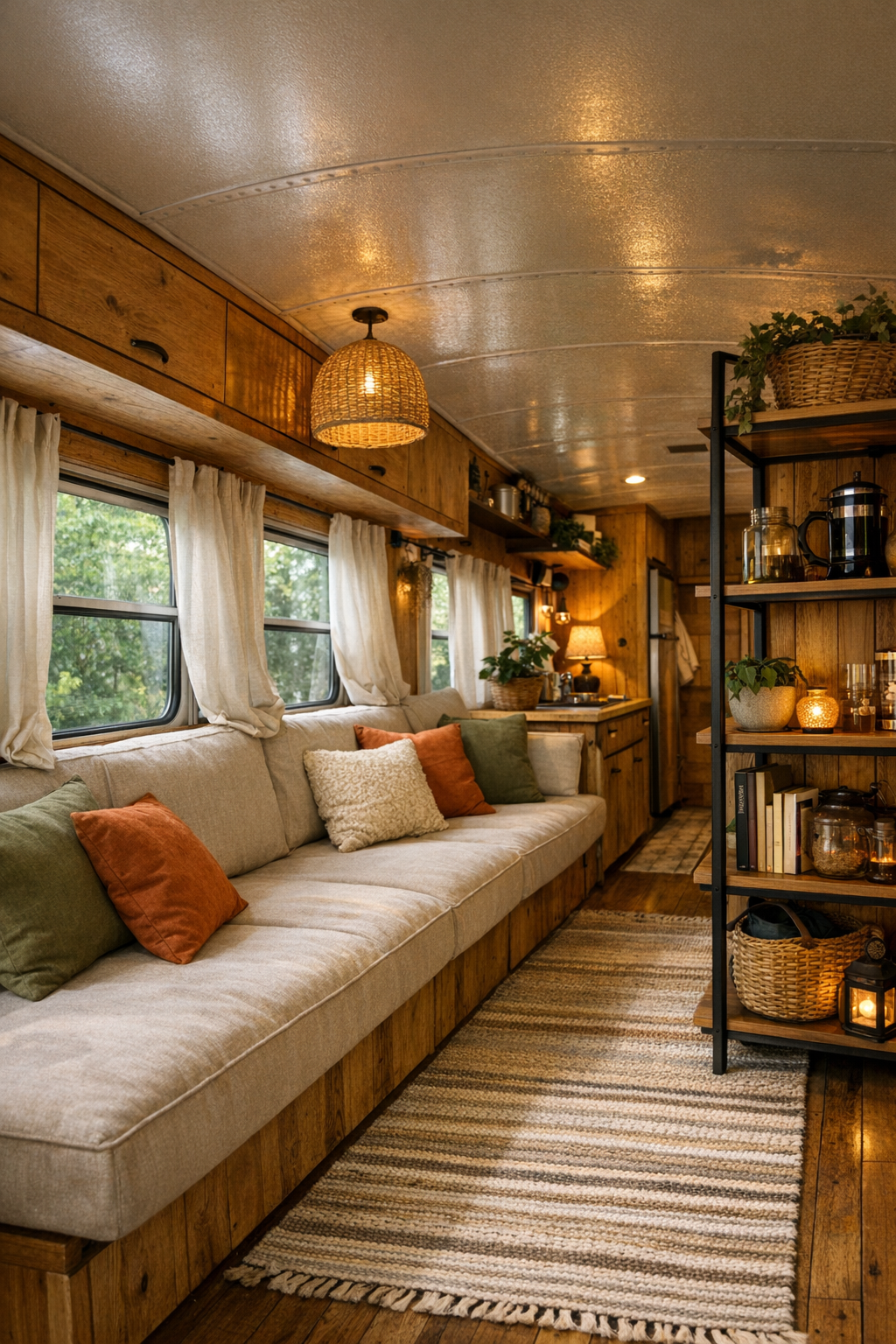 Cozy living room inside a converted bus with built-in bench seating and warm wood finishes