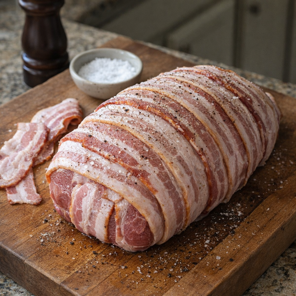 Bacon-wrapped sirloin roast on a cutting board before cooking