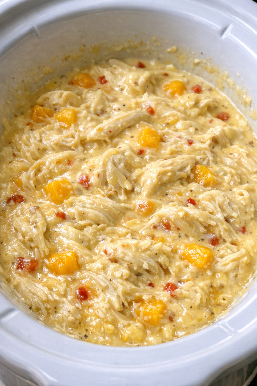 Slow cooker creamy mango chicken in a white slow cooker