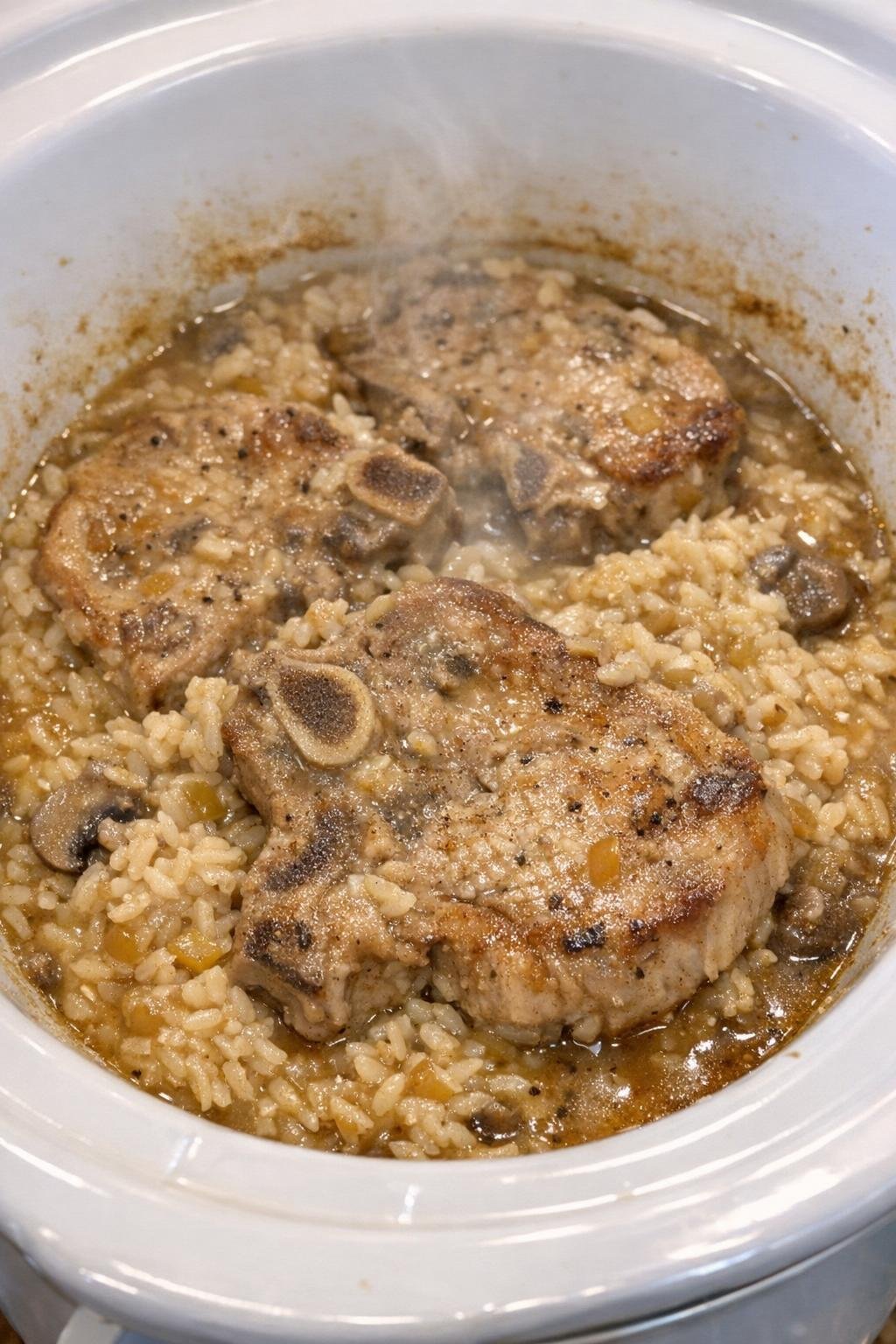 Slow cooker pork chops and rice in a white slow cooker crock