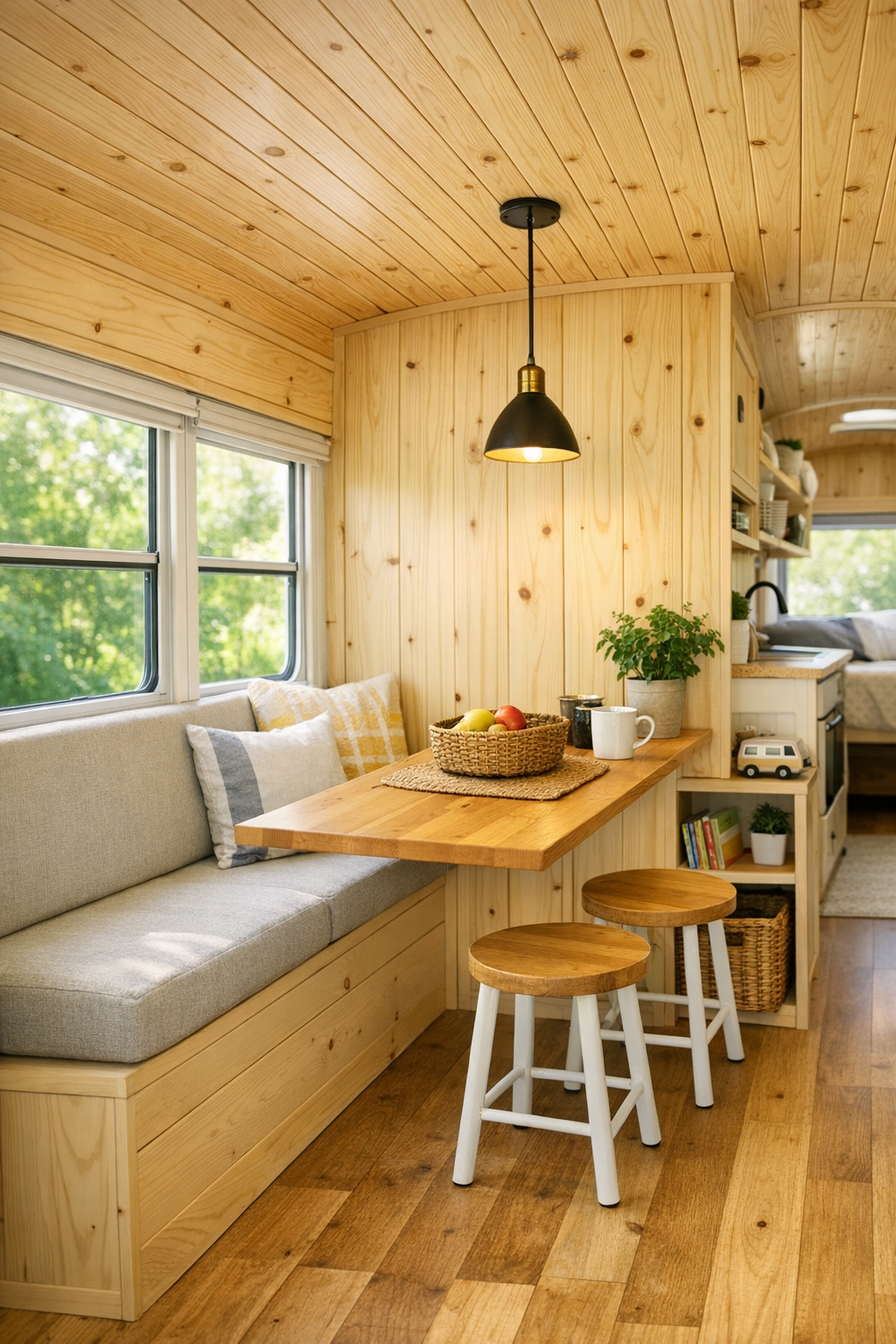 Practical bus dining nook with built-in table, bench seating, and soft natural light