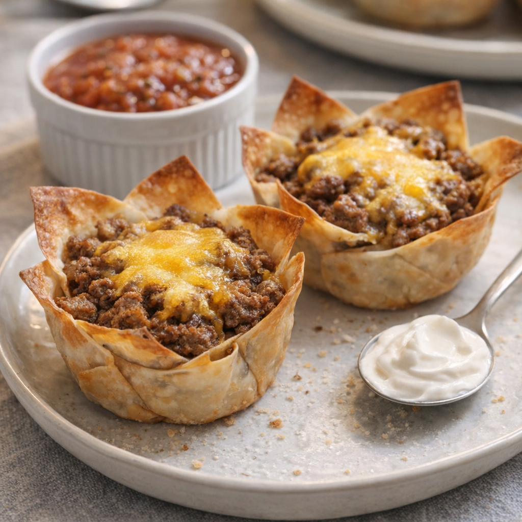 Leftover taco cups reheated and served with salsa