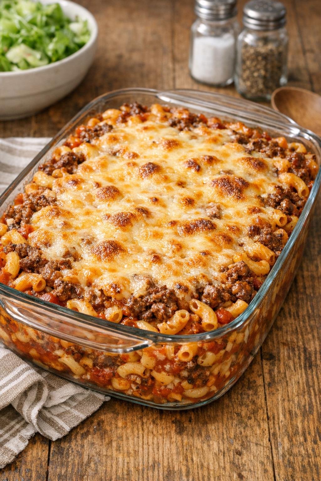 Finished beef macaroni bake in a glass casserole dish