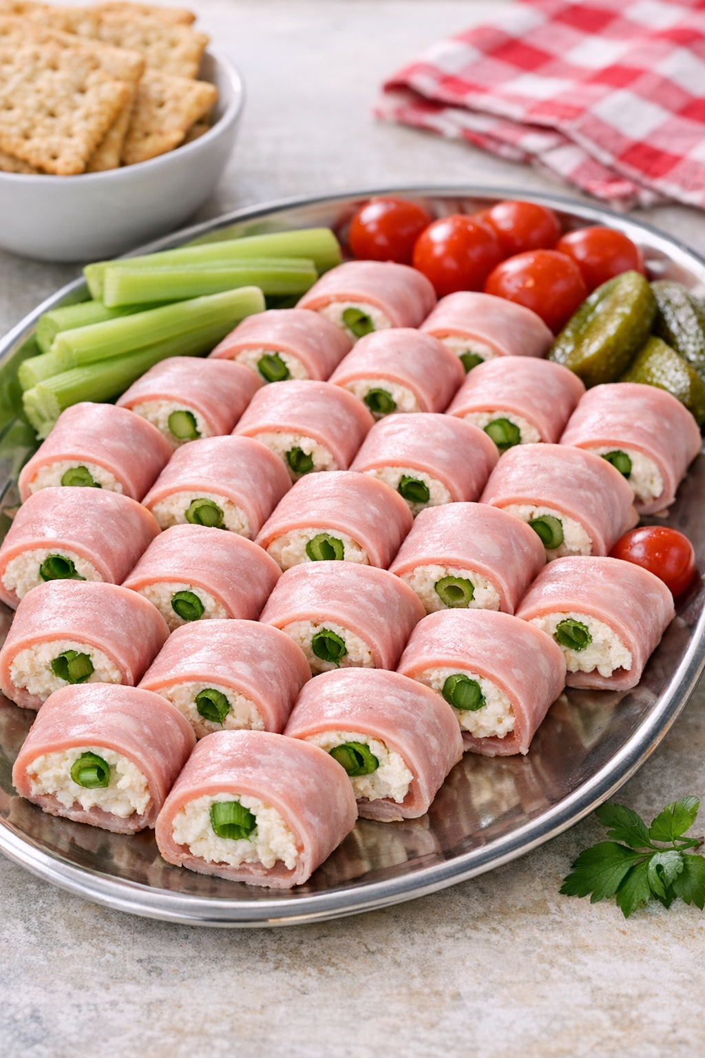 Sliced ham roll ups arranged on a serving tray