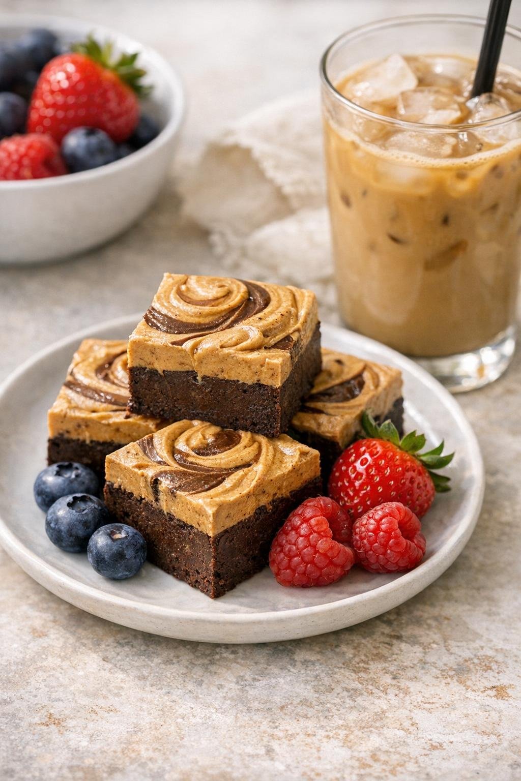 Plated coffee fudge squares ready to serve