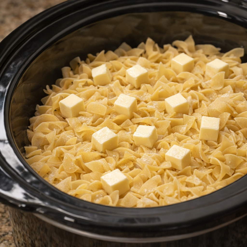 Butter pieces scattered over dry egg noodles in a slow cooker