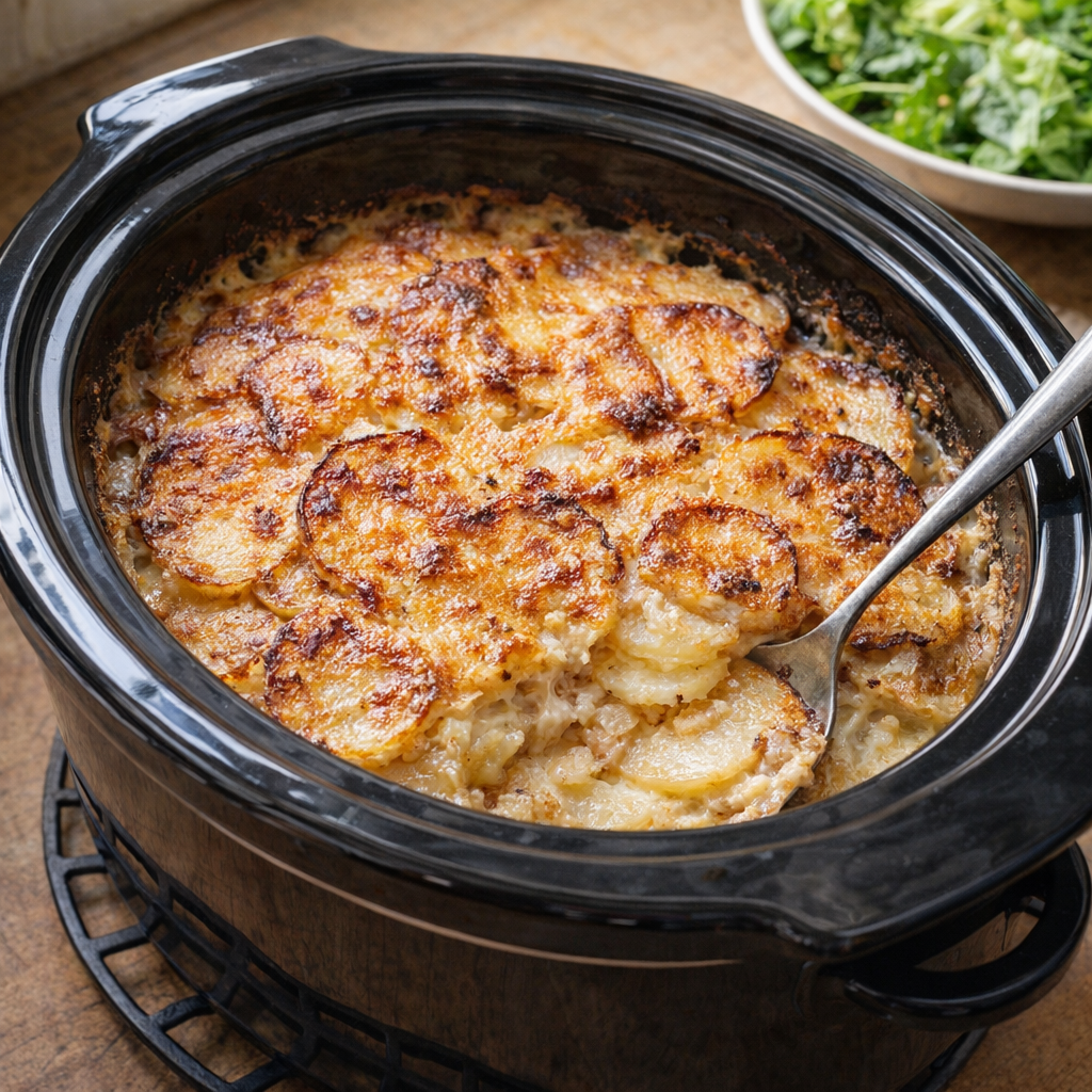 Slow cooker layered potatoes with a golden top