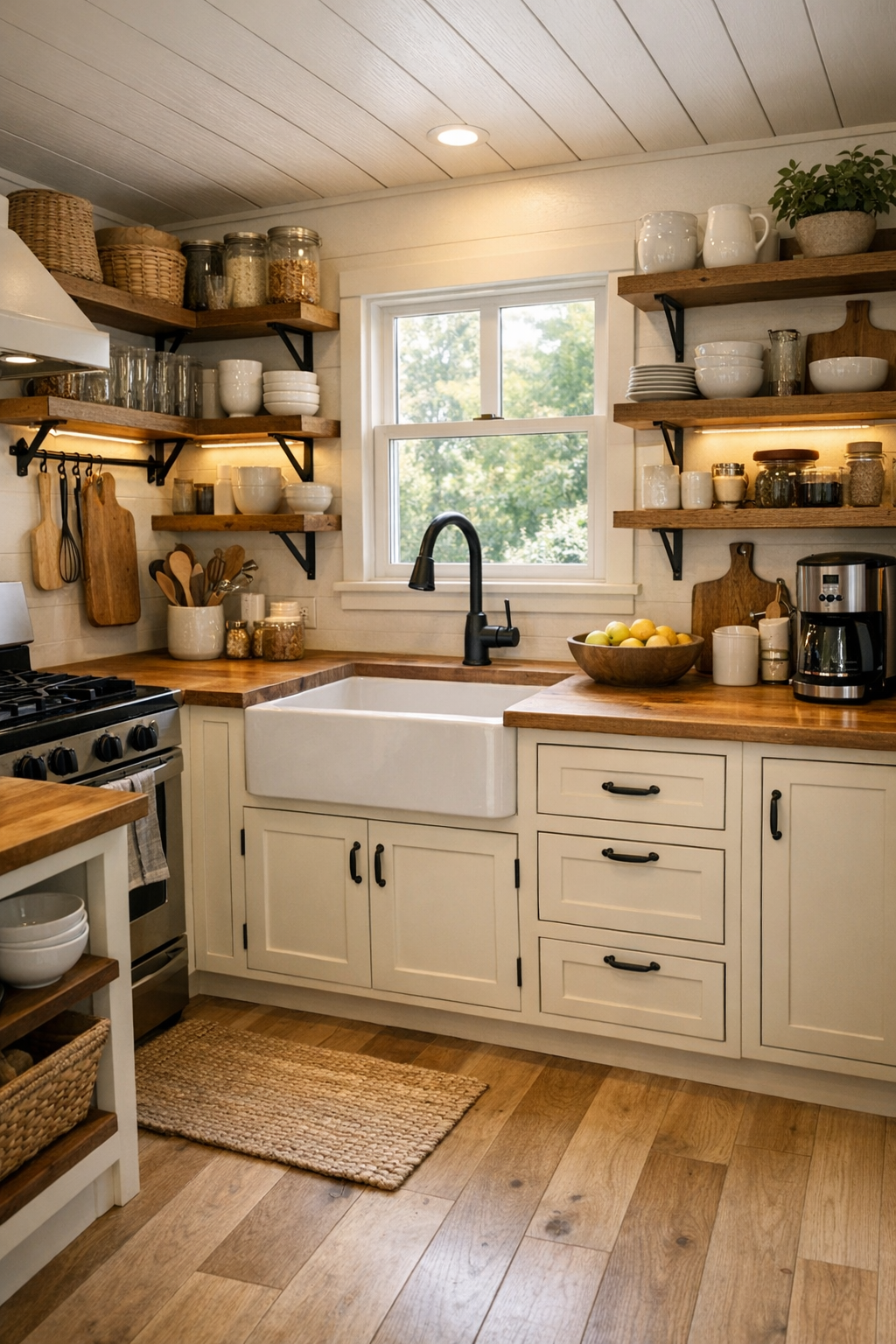 Handcrafted tiny home kitchen with creamy inset cabinets, butcher block counters, open shelves, and a farmhouse sink