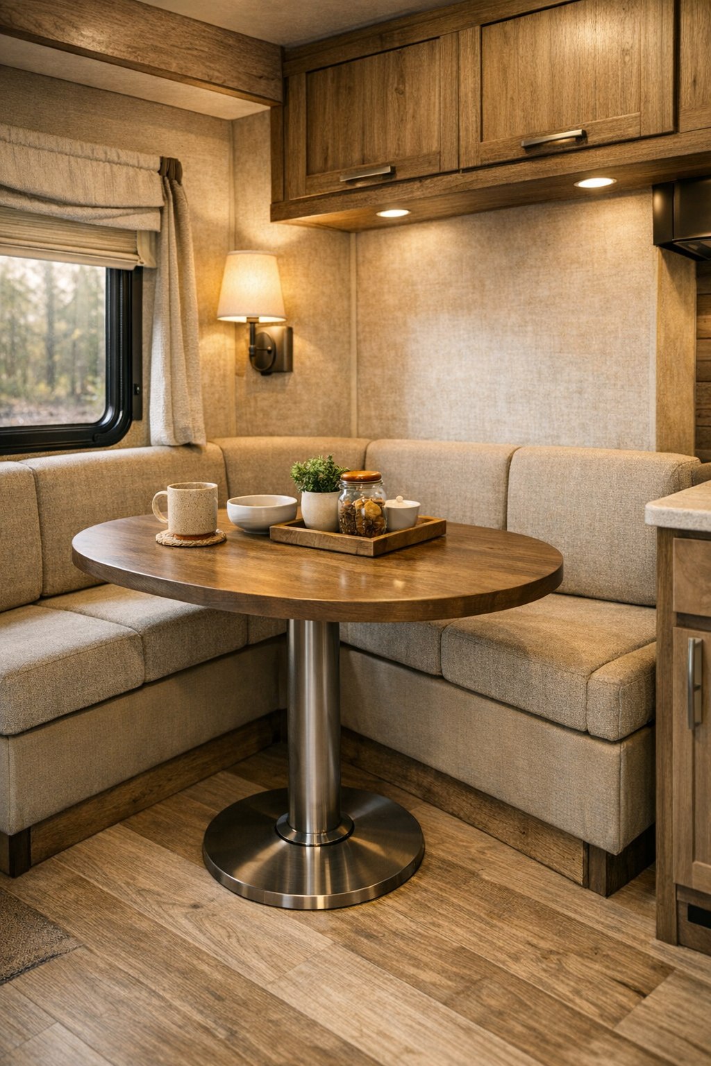 RV dining nook with rounded wood table, flax banquette, and soft wall sconce lighting