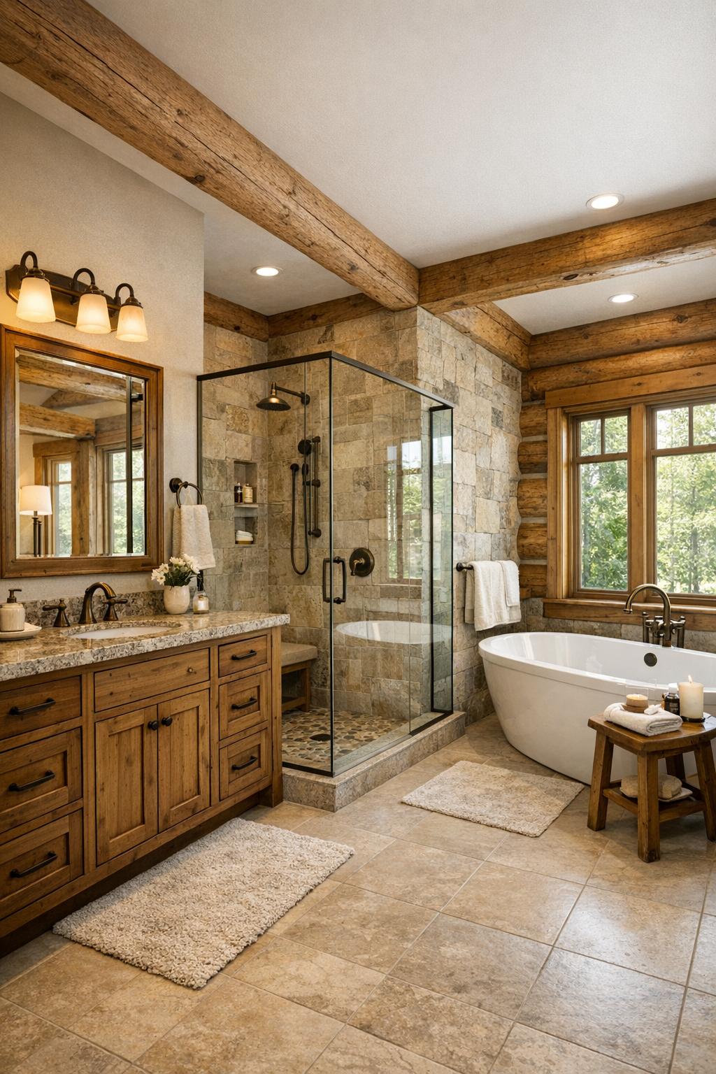 Bathroom with wood vanity, stone surfaces, walk-in shower, and soaking tub
