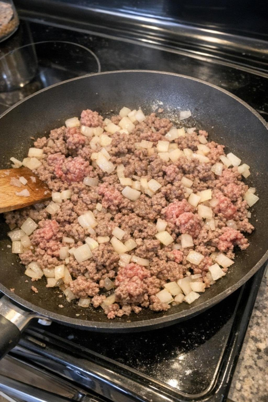 Ground beef and onion browning in a skillet