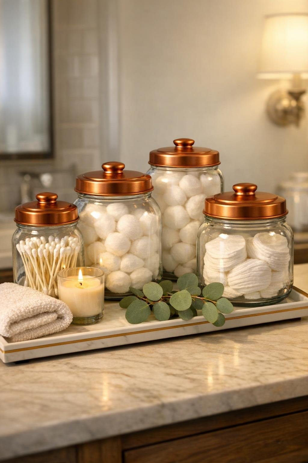 Finished set of copper-lidded glass cookie jars styled as cotton ball holders in a bathroom