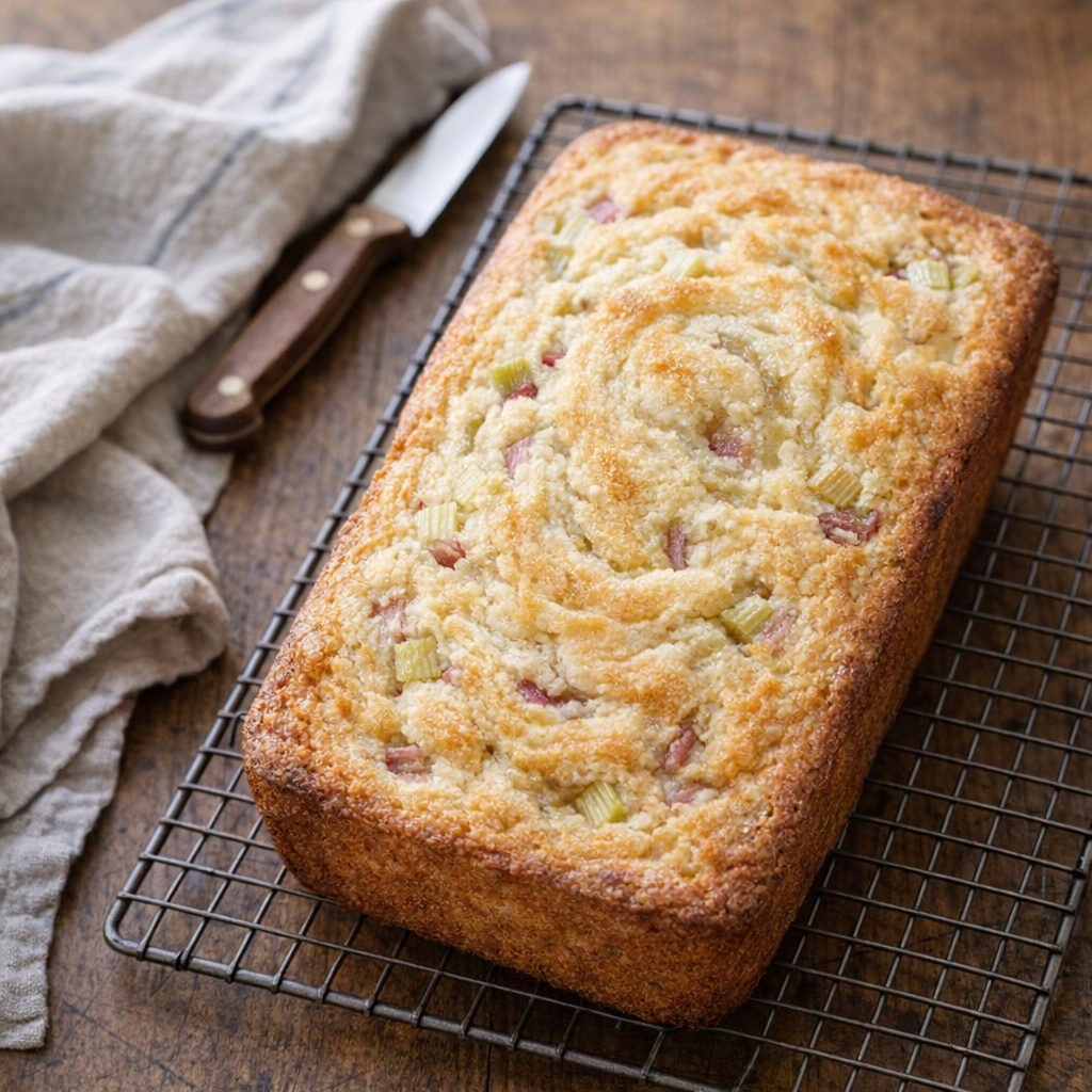 Rustic rhubarb loaf on a cooling rack
