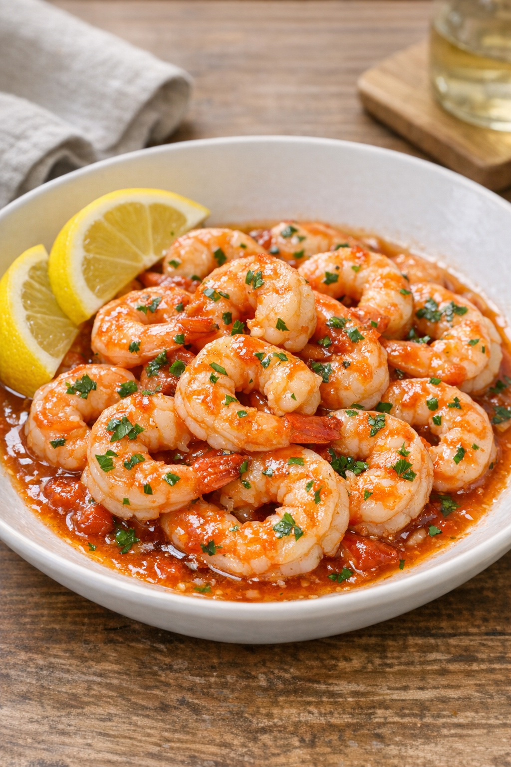 Finished slow cooker shrimp plated with sauce