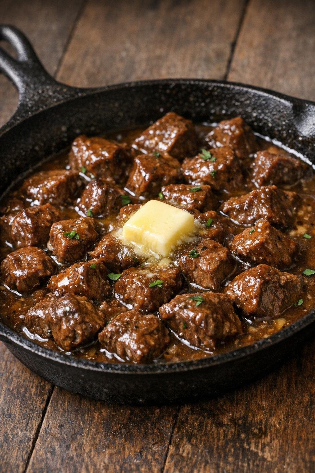Finished slow cooker beef tips plated with gravy
