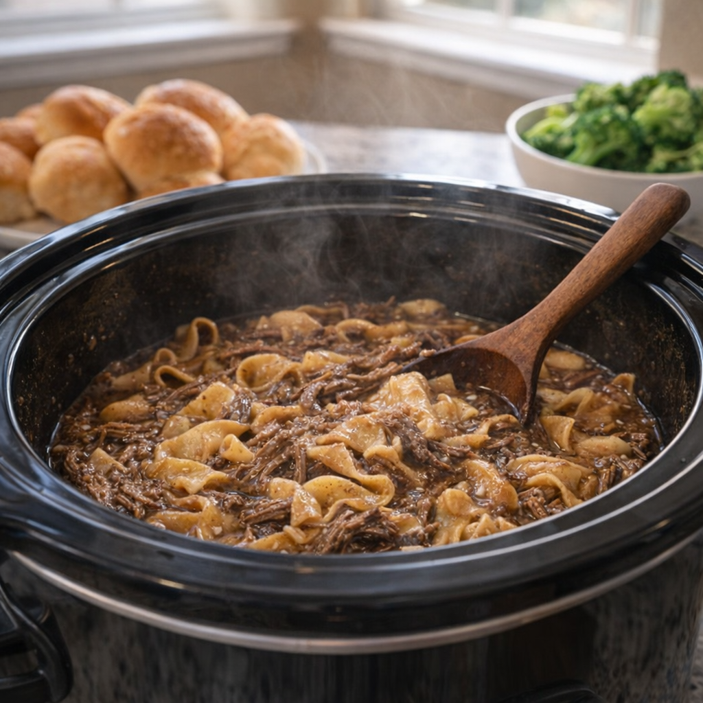 Slow cooker on a kitchen counter with beef and noodles ready to serve
