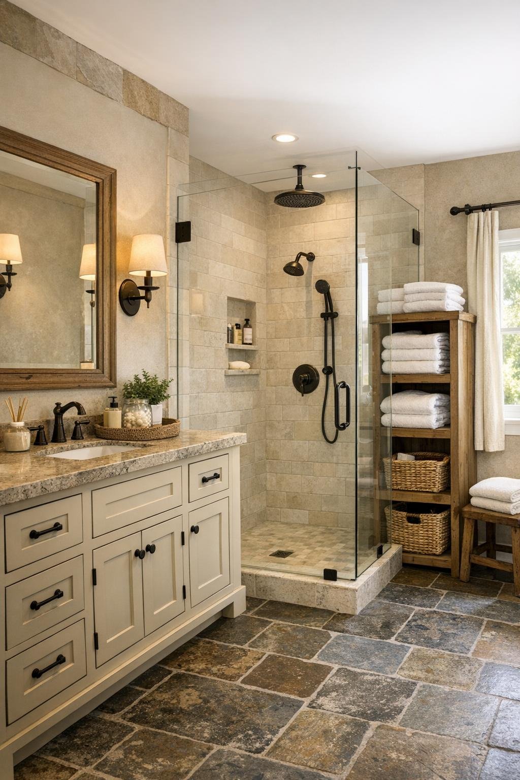 Bathroom with stone-look floor tile, warm painted vanity, and a glass shower