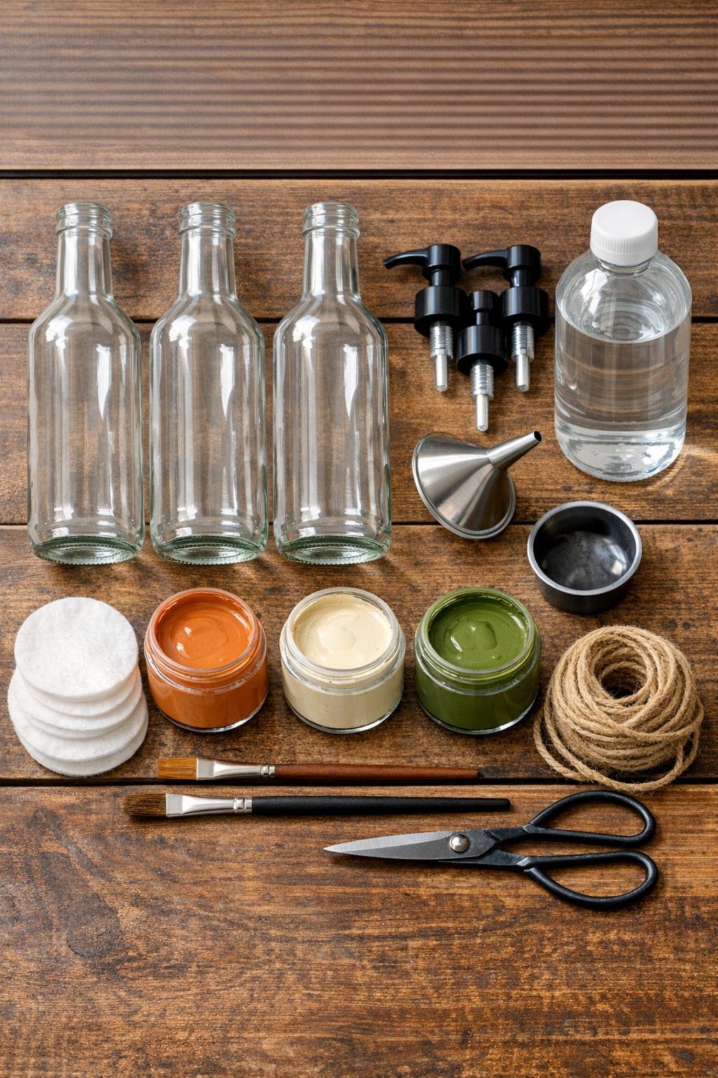 Materials for three harvest soap dispensers laid out on a table