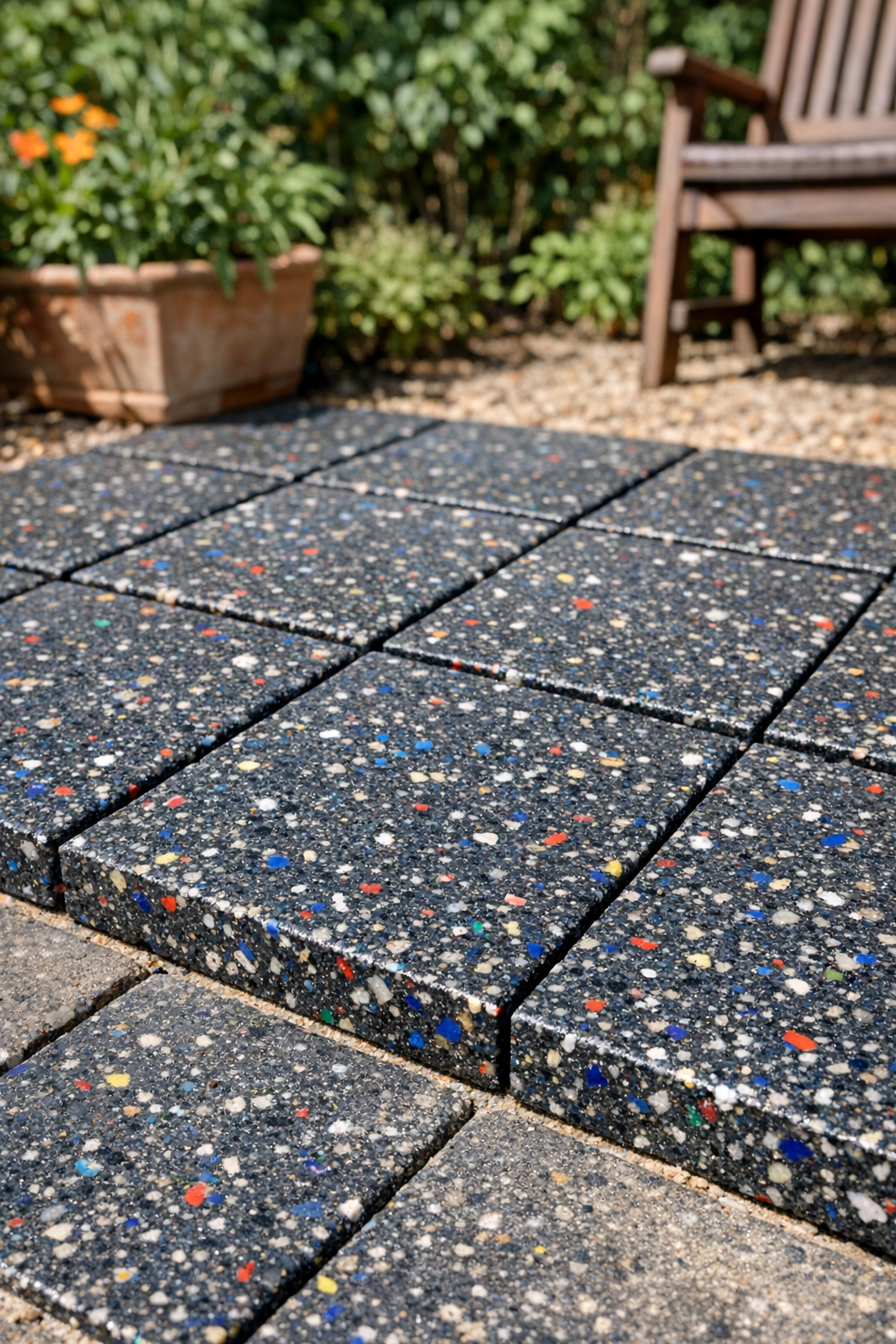 Finished heavy-duty patio tiles made from melted plastic binders