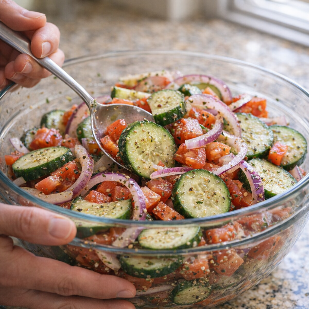 Seasoned cucumbers tomatoes and onions in mixing bowl