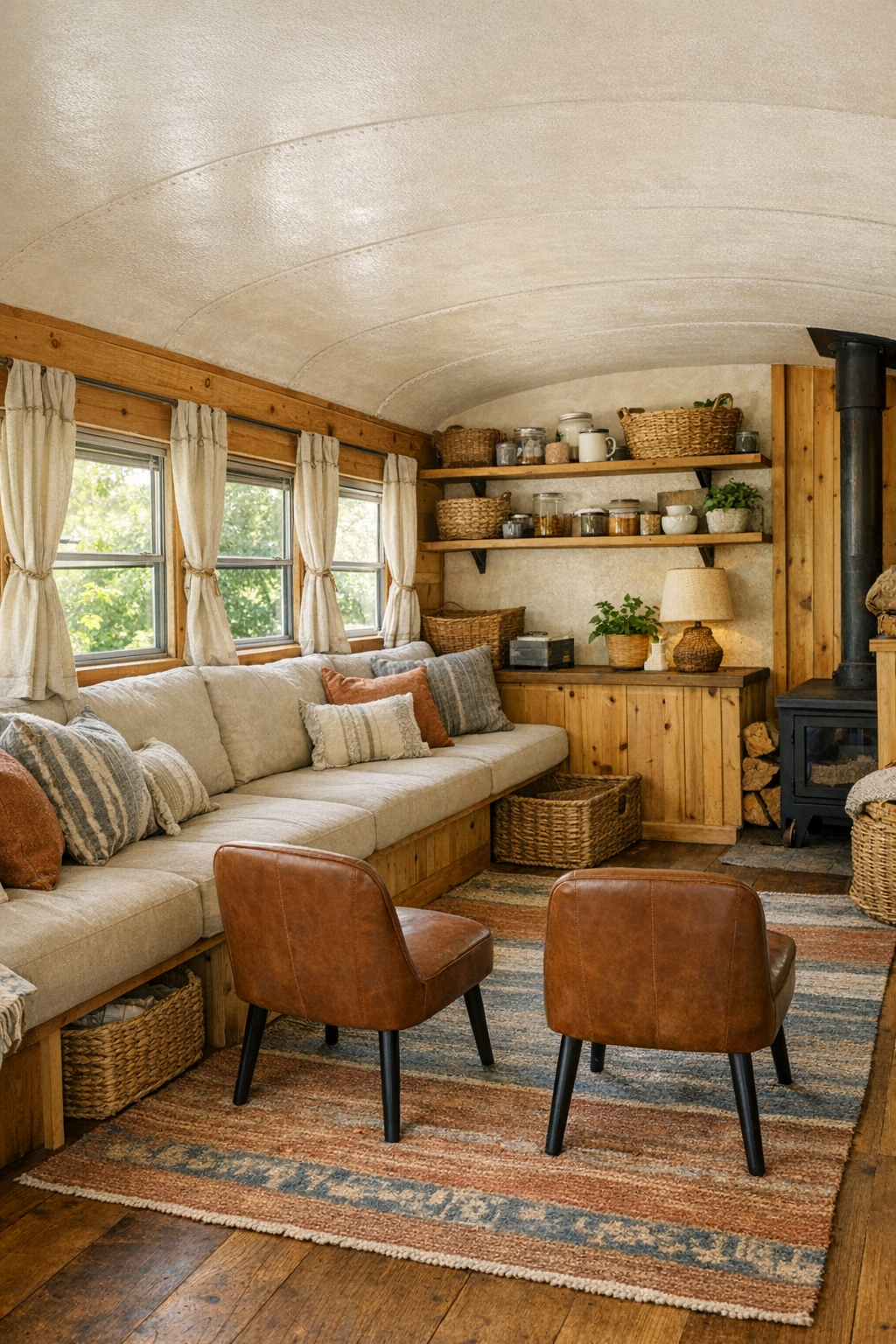Rustic bus living room with built-in bench seating, leather chairs, pine wood, and linen curtains
