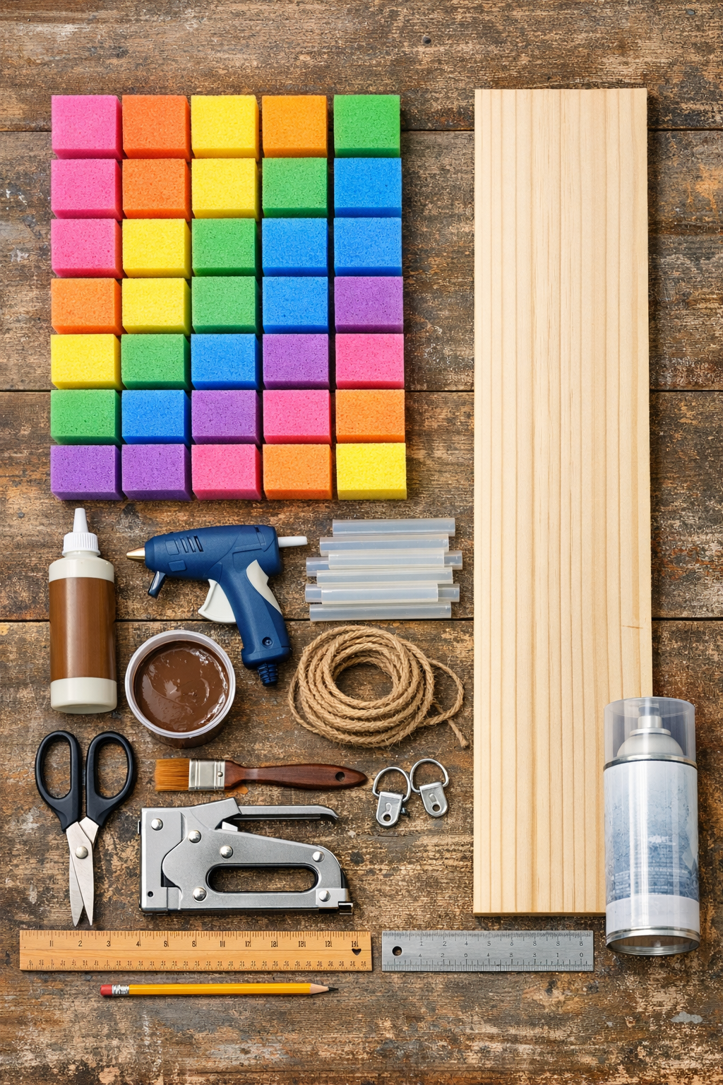Colorful sponges, wooden board, and hanging supplies laid out for the project