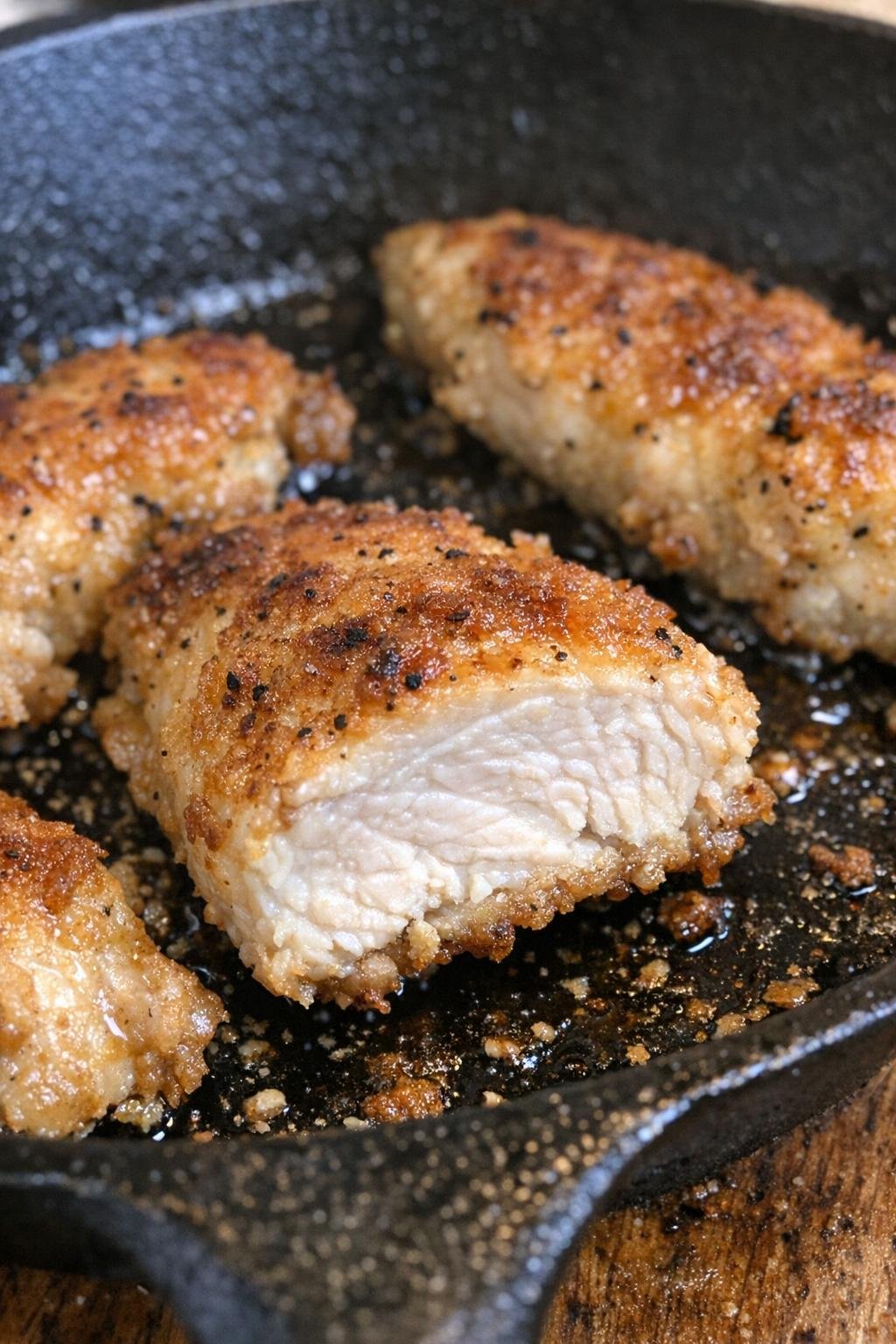 Golden pan-fried chicken tenders in a cast iron skillet