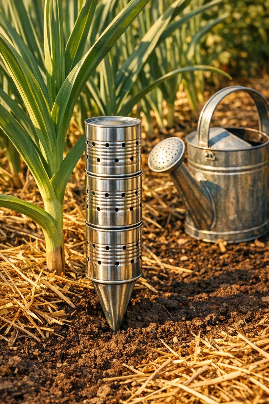 Finished soup can deep watering spike installed in a garlic bed