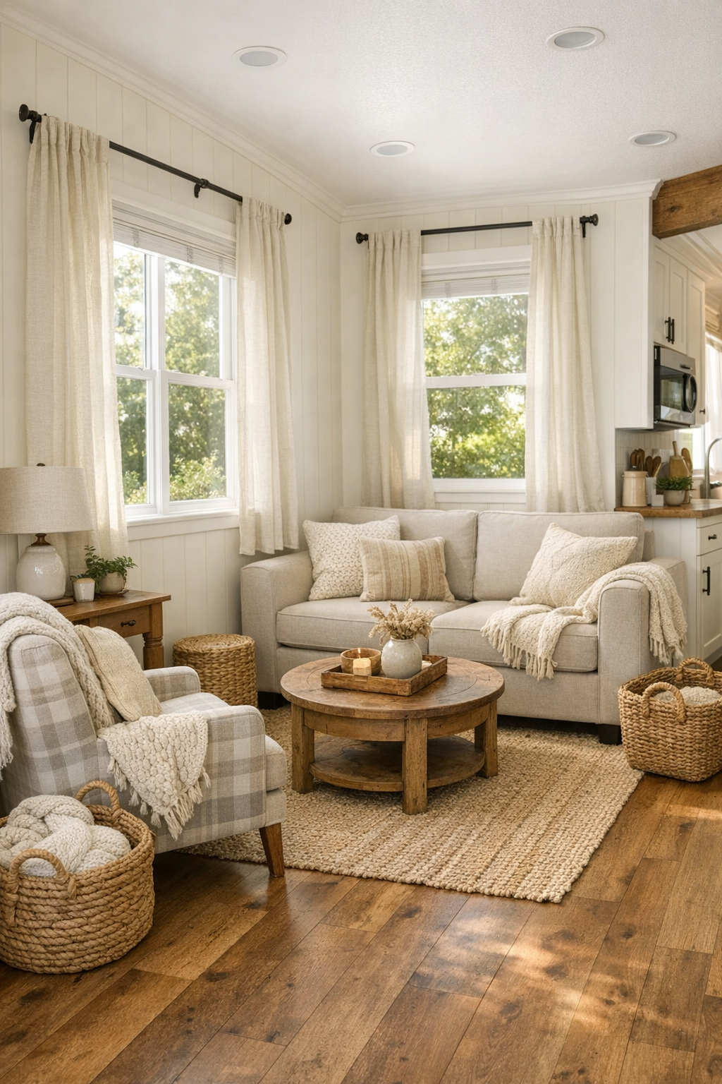 Bright cottage style living room with soft neutral seating and warm wood finishes