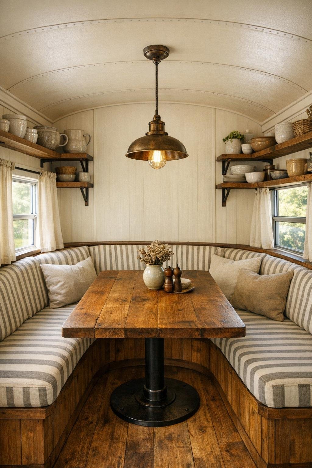 Converted bus dining nook with curved banquette, wooden table, and rustic pendant light