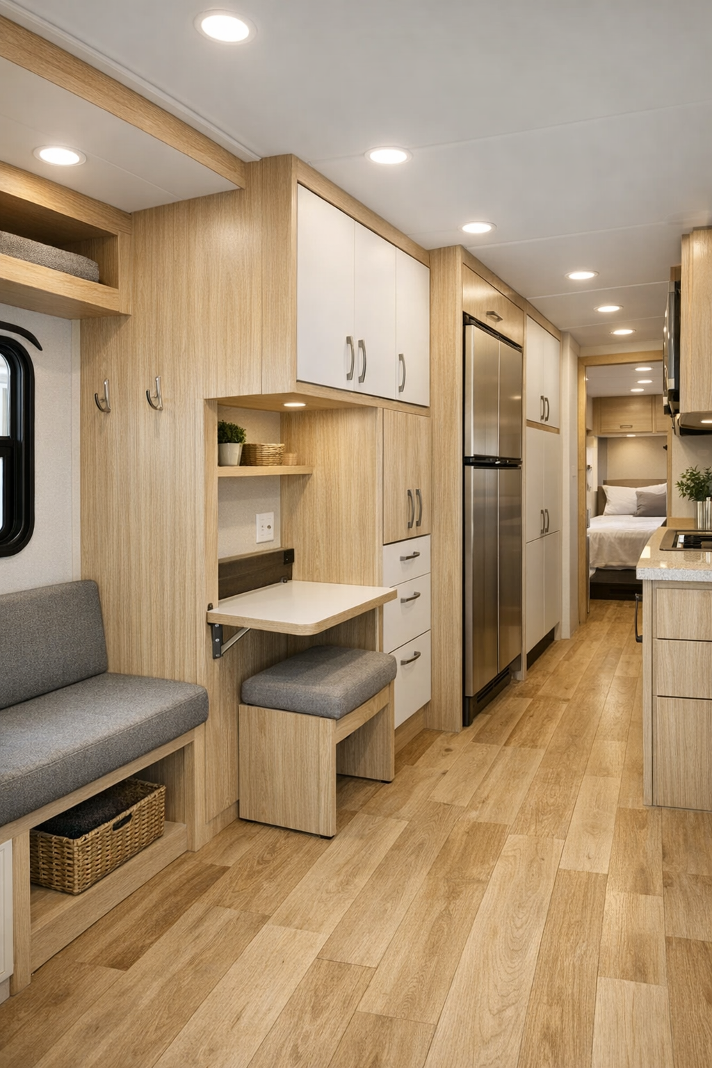 RV hallway and utility area with built-in storage, small desk, and entry bench