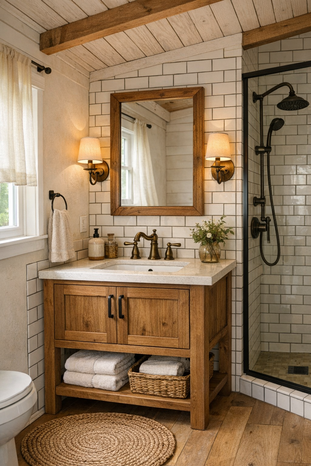 Compact rustic bathroom with white tile, a wood vanity, and warm barn-house finishes