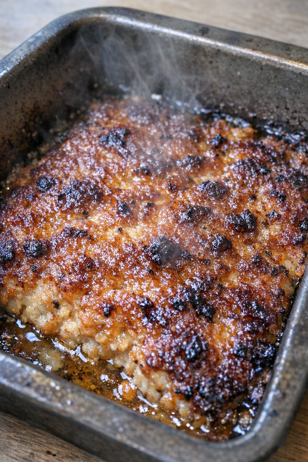 Baked ground chicken casserole with caramelized crust in a dark metal pan