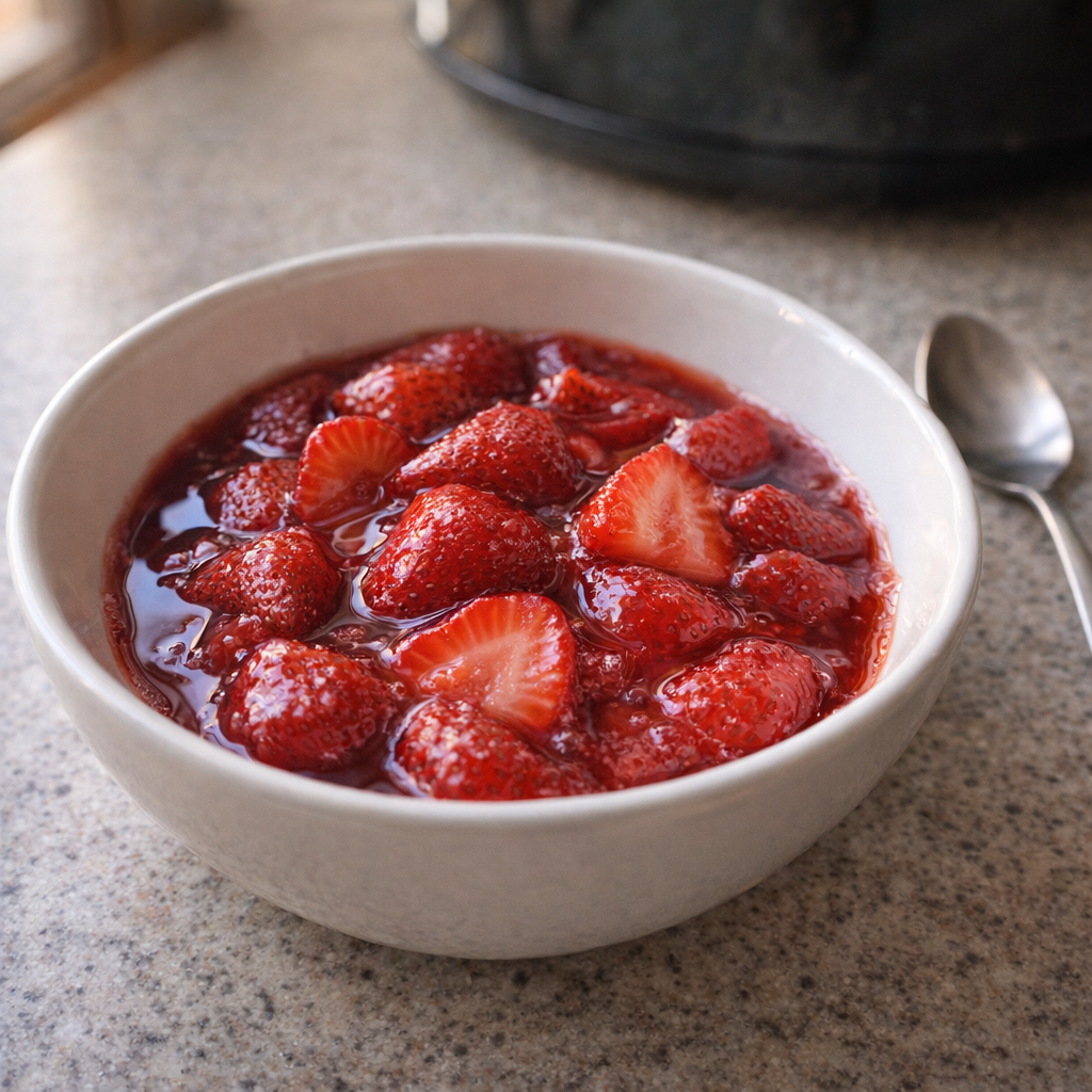 Slow cooker strawberry dessert in a serving bowl