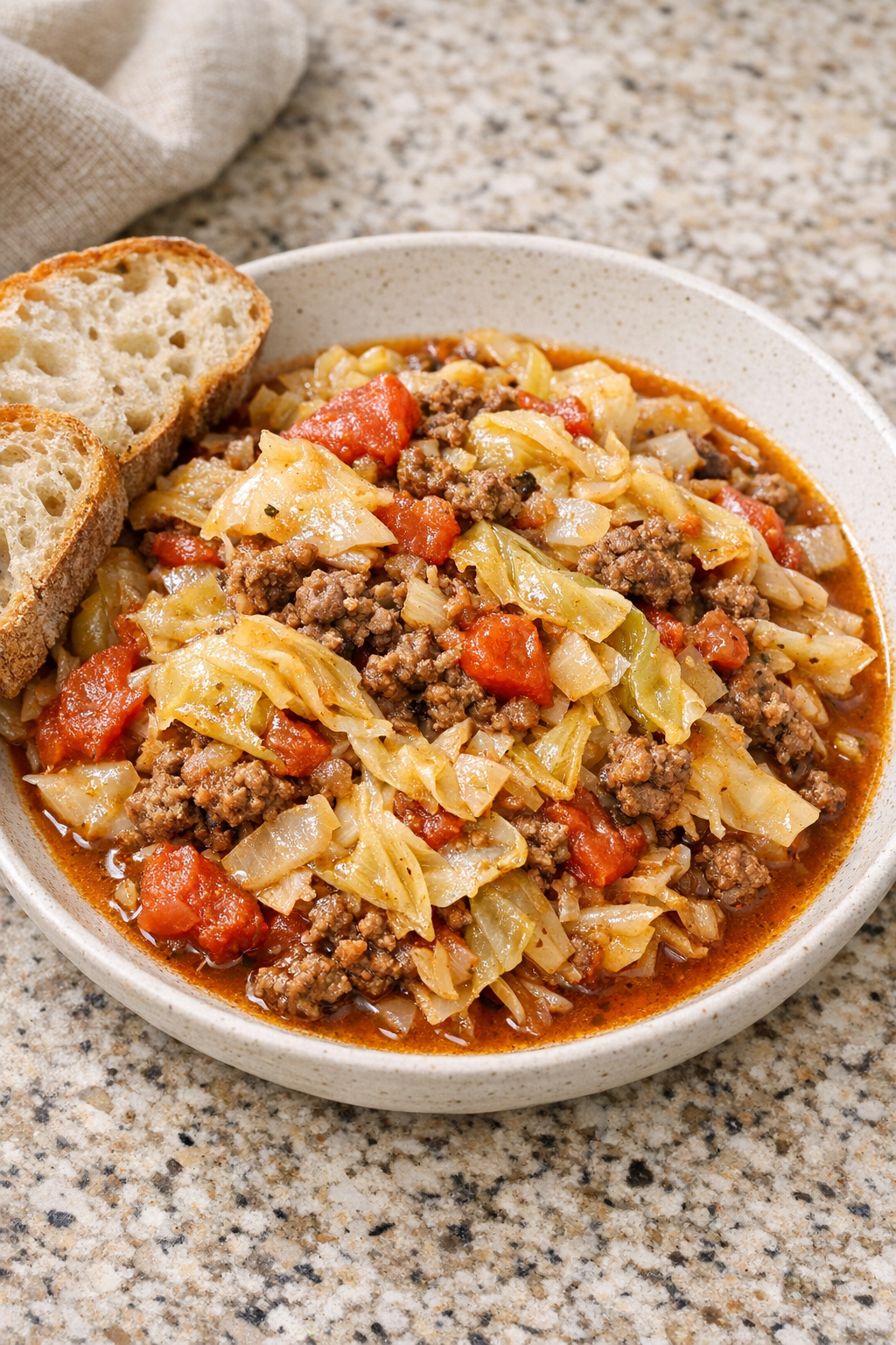 Final plated Amish cabbage beef with bread on the side