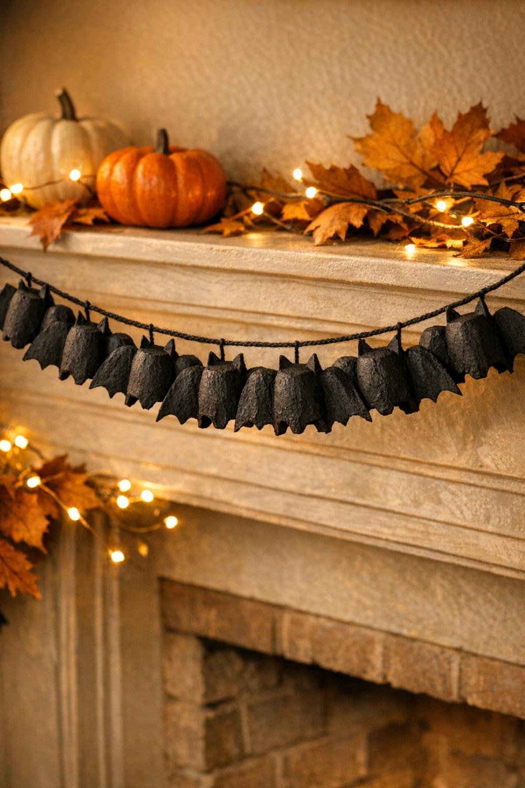 Finished egg carton bat garland hanging as Halloween decor