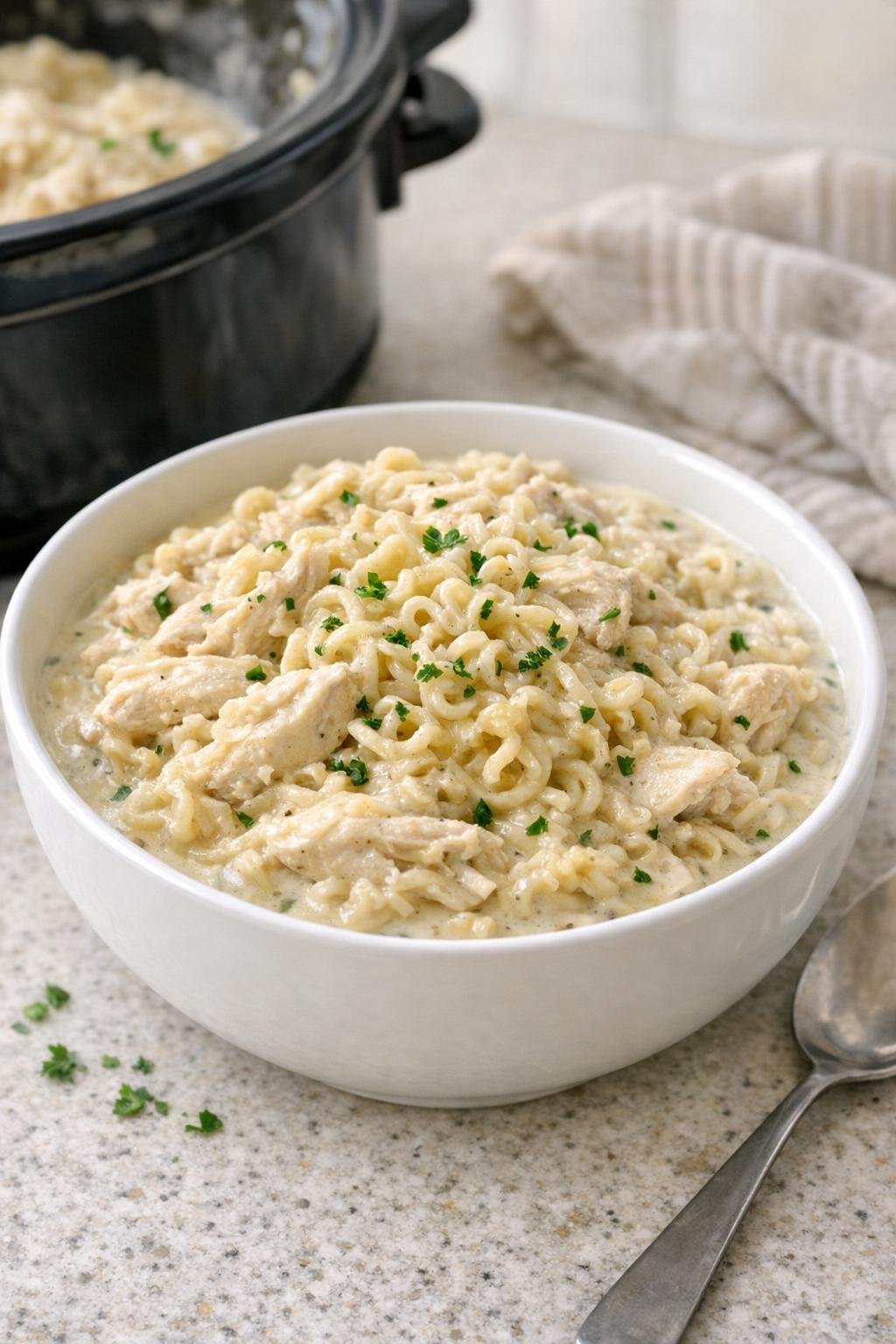 Finished creamy ranch chicken ramen in a bowl