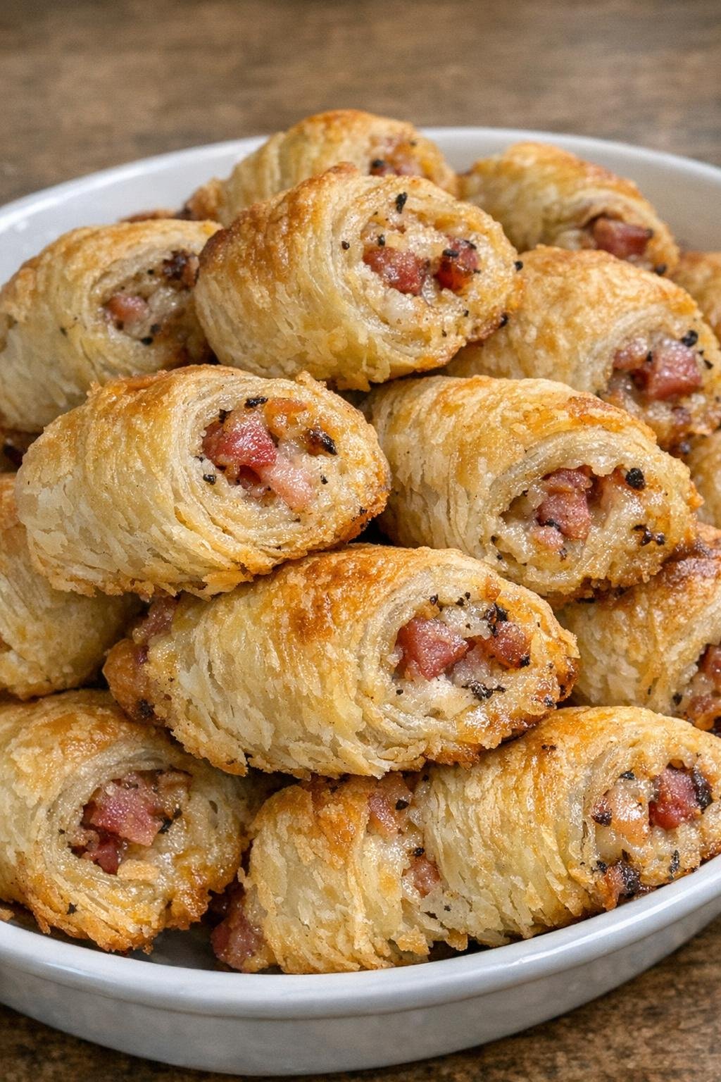 Golden flaky stuffed party spirals piled in a serving dish