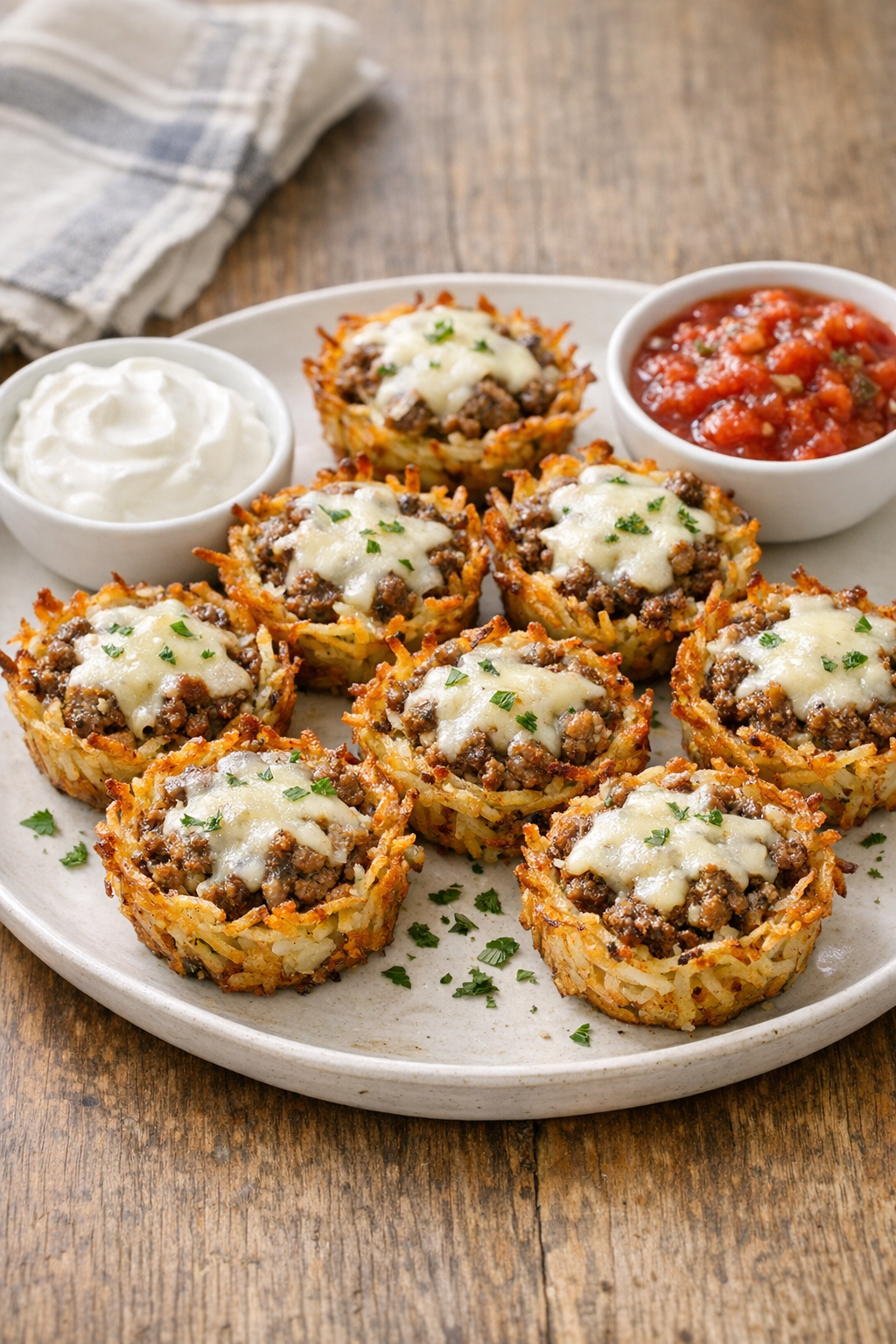 Finished beef hashbrown cups plated with simple sides